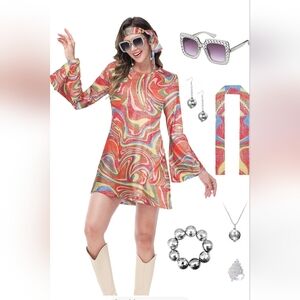 70s Outfits Costume for Women, 7pcs 60s Disco Dress Necklace Earrings Sunglass